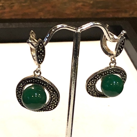Jade & Marcasite 925 Silver Earrings - Picture 3 of 5